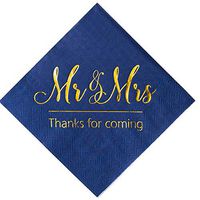 Crisky Wedding Napkins Mr Mrs Bule Gold Cocktail Beverage Dessert Napkins for Wedding Shower Engagement Party Decorations, 100 Pcs, 3-Ply