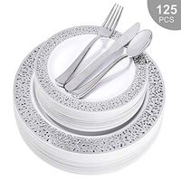 BGLROSOO 125 Pcs Silver Plastic Plates with Silverware, Plastic Plates with Lace Design, Disposable Plates, Plastic Tableware Set includes 25 Dinner Plates,25 Salad Plates,25 Forks,25 Knives,25 Spoons