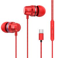 Type-C Headphones Earphones Bass Driven Sound Wired in-Ear Metal Earbuds with Microphone and Volume Control 3.9 ft (Red)