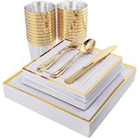 IOOOOO 150PCS Gold Square Plates, Gold Plastic Silverware with Disposable Cups Includes 25 Dinner Plates, 25 Dessert Plates, 25 Forks, 25 Knives, 25 Spoons, 25 Tumblers