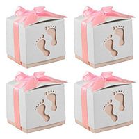 50 PCS Cute Baby Footprint Wedding Party Candy Confetti Gift Favor Box Holder with Ribbon Satin Pink
