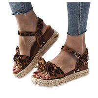 Cenglings Platform Sandals,Women's Open Toe Leopard Print Bowknot Shoes Plus Size Shallow Wedge Sandals Ankle Strap Sandals(Coffee,40)