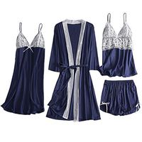 Viviplus 4PC Set Women's Satin Lace Camisole Bowknot Shorts Nightdress, Robe Pajamas Lingerie Simulation Plus Babydoll Nightie