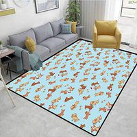 Dog Animals Girls Rooms Nursery Decor Mats, Checkered Square Pattern Background Playful Puppies Paw Print Golden Retriever Breed, Easy Maintenance Area Rug Living Room Bedroom Carpet(3'x 8')