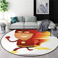 DESPKON-HOME Superhero Non Slip Round Rugs,Lightning Bolt Man with Cape and Mask Fast Fun Cartoon Character Artwork Print Oriental Floor and Carpets Round-71 Inch,White Red