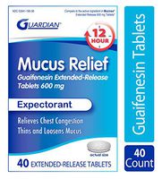 Guardian Mucus ER 12 Hour Extended Release Guaifenesin, 40ct 600mg, Chest Congestion Expectorant Tablets (40 Count Box)