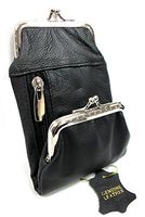 Women's Genuine Leather Cigarette Case Coin Purse Double Twist Clasp Closure Zipper Pocket- Black