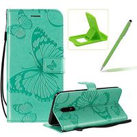 Herzzer Strap Leather Case for OnePlus 7,Wallet Leather Case for OnePlus 7, Premium Stylish Pretty 3D Green Butterfly Printed Magnetic Soft Rubber Stand Case with Card Slots