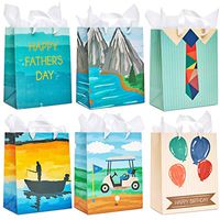 Juvale 12-Pack Gift Bags with Tissue Paper - Birthday and Fathers Day Designs, 10 x 8 x 4.5 Inches