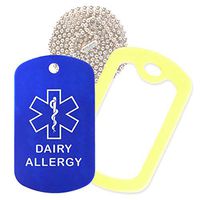Dairy Allergy Medical Alert ID Necklace with Blue Tag, Yellow Silencer, and 30'' USA Chain - 154 Color Choices