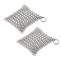 ORYOUGO 2 Packs Stainless Steel Cast Iron Cleaner 4 In Square Metal Chainmail Scrubber Dish Scouring Pad with Hanging Hole