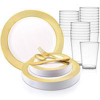 720 Piece Elegant Disposable Plastic Dinnerware Set for 120 Guests - Fancy Gold Rimmed White Dinner Plates, Dessert Plates, Silverware Set & Party Cups For Wedding, Easter, Birthday & All Occasions