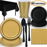 Disposable Party Supplies, Serves 40 - Gold and Black - Large and Small Paper Plates, 12 oz Plastic Cups, Heavyweight Cutlery, Napkins, and Tablecloths. Full Two-Tone Tableware Set