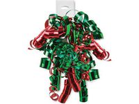 Pack Of 12, Solid Metallic Green & Red Curly Gift Bows 12 Strands on Hang Tab Made In USA