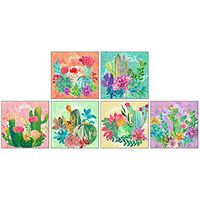 Decorative Matches 6 Square Box Set- Strike Strip on Side of Box- Colored Match Tips- Wooden Matches (Watercolor Cactus)