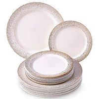 ELEGANT PLASTIC DINNERWARE 40 PC SET | 20 Dinner Plates | 20 Salad/Dessert Plates | Heavy Duty Plastic Plates | Fine China Look | for Upscale Wedding and Dining (Ocean Mist - Ivory/Gold)