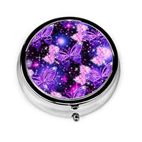 Purple Cute Butterfly Print Custom Round Silver Pill Box Pocket 2.1 Inches Medicine Tablet Holder Organizer Case for Purse