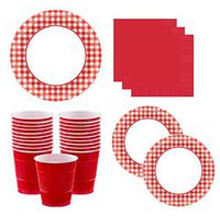 Gingham Party Supplies Pack for 40 Guests Deluxe: Extra Large Red Gingham Plates, Small Plates, Napkins & Cups