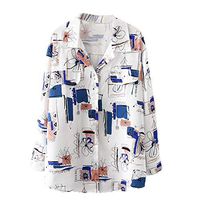 Anxinke Fashion Women Top Retro Printing Long Sleeve Lapel Casual Loose Blouse(White,M)
