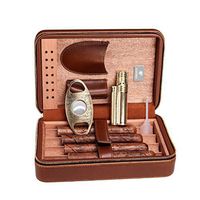 Moisturizing Cigar Box Set, Portable Travel Cigar Cutter Lighter Multi-Function Suit Cedar Wood Cow Leather Fabric Cigar Bag(20.5 * 13 * 7cm) (Color : Brown)
