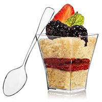 Square Mini Dessert Cup - 2 Ounce - Durable Crystal Clear Plastic (110 Count) Ideal for Desserts, Appetizers, Entrees, Puddings, Mousse and More!
