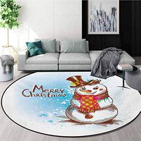 Snowman Round Rug,Sketch Style Artwork Traditional Figure with Merry Christmas Wish Hat and Scarf Carpet Door Pad for Bedroom/Living Room/Balcony/Kitchen Mat,Diameter-31 Inch