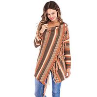 HNTDG Women Autumn Stripe Poncho Tassels Slash Gradient Shawl Hem Fringe Loose Cardigan Sweater Orange