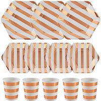 ALINK 150PCS Biodegradable Rose Gold Striped Disposable Paper Plates Cups Set, 50 Dinner Plates, 50 Salad Plates,50 Paper Cups for Birthday Party, Wedding, Thanksgiving, Christmas, Bridal/Baby Shower