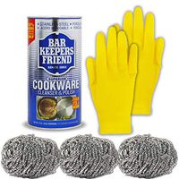 Bar Keepers Friend Cookware Cleaner Kit: 12 Oz Bartenders Friends Keeper Stainless Steel Cookware Powdered Cleanser & Polish, 3 Stainless Steel Wool Scrubber Pads, Rubber Gloves.