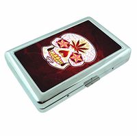 Pot Leaf Sugar Skull R1 Hip Silver Cigarette Case Id Holder Metal Wallet 4" X 2.75" RFID Protection