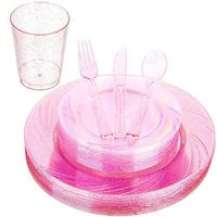 150 pcs Plastic Dinnerware Set - See Through Clear Rose Gold Glitter Disposable Tableware for 25 guests, 25 Dinner Plates, 25 Dessert/Salad Plates, 25 Spoons, Forks, Knives, and 10oz Plastic Cups