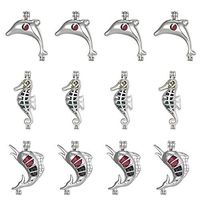 12pcs Mixed Dolphin Seahorse Fish Hollow Pearl Beads Cage Pendant Locket Pendant Jewelry Making Supplies-for Oyster Pearls, Essential Oil Diffuser (C)