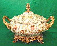 Old World Flowered Porcelain 17" Oblong Bowl with Cover - Elite Pattern