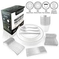 Signature Tableware Disposable Tableware Set - 150 Pieces for 25 Guests - includes 25 Fancy Disposable Dinner Plates, 25 Salad Plates, 25 Disposable Silverware Set 25 Cups (White with Silver Rim)