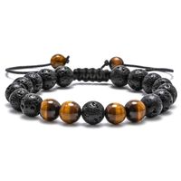 M MOOHAM Natural Bead Bracelet, 8mm Gem Semi Precious Gemstone Round Bead Black Lava Rock and Tiger Eye Beads Bracelet, Men Women Stress Relief Yoga Beads Adjustable Bracelet Energy Stone Bracelet
