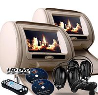 CustomAutoImages 2018 New TAN Color Pair Digital LED Headrest with 9" LCD Car Monitors with Region Free Sony DVD Player USB SD Inc. 2 Wireless Dual Channel Headphones, Games, and Ziper Covers