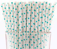 Pack of 150 Teal Blue Polka Dot Biodegradable 4-Ply Paper Drinking Straws (Compostable, Non-toxic, BPA-free)