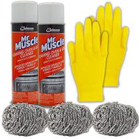Mr Muscle Oven and Grill Cleaner Spray Kit: (2 PK) Mister Muscle Commercial Heavy Duty Professional Formula (20 Oz), 3 Stainless Steel Wool Scrubber Pads, Medium Long Reusable Rubber Gloves Cleaning