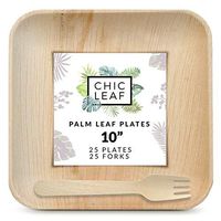 Chic Leaf Disposable Palm Leaf Plates 10 Inch (25) & Wood Forks (25) Party Pack - Bamboo Plates Like Biodegradable Compostable - Stronger Than Plastic and Paper Plates