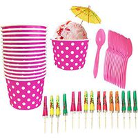 Ice Cream Sundae Kit - 12 Ounce Pink and White Polka Dot Paper Treat Cups - Heavyweight Plastic Spoons - Paper Umbrellas - 16 Each