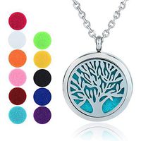 Essential Oil Diffuser Necklace, GerTong Hypo-Allergenic Premium 316L Stainless Steel Aromatherapy Diffuser Locket Pendant Set with 11 Color Refill Pads (Tree)