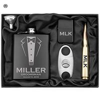 Engraved Hip Flask, Funnel, Lighter, Cigar Cutter and Brass 50 Caliber Bullet Bottle Opener Matte Black Wedding Tuxedo Gift Box 50 Cal Custom Personalized