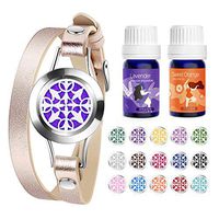 Homasy Essential Oil Diffuser Bracelet, Aromatherapy Bracelet Set with 2 bottles Essential Oils, Pure Sweet Orange and Lavender Oils, Stainless Steel, Leather Band, with 15 color Cotton Pads, Purple