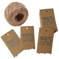DOUKING 100% Handmade for You Gift Tags with String, 100 Pcs Kraft Paper Handmade Tags with 100 Feet Natural Jute Twine, Small Gift Wrap Label Hang Tag for Wedding Party Favor, DIY Crafts (Brown)
