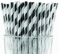Pack of 300 Silver Foil Swirls Biodegradable 4-Ply Paper Drinking Straws (Compostable, Non-toxic, BPA-free)