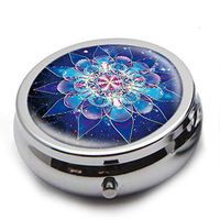 Round Stainless Steel Pill Box Case -Starry Background Blue Mandala- Pocket 2 inches Medicine Tablet Holder Organizer Case for Purse - Compact 3 Compartment