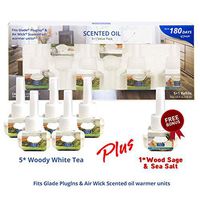 Clean-n-Fresh Scented Oil Refills，5pc Woody White Tea + Free Bonus 1pc Wood Sage & Sea Salt, 120ml 4oz, Fits Glade & Air Wick Warmer (NOT Include)