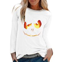 ANJUNIE Womens Halloween Print Shirts O-Neck Long Sleeve Top Loose T-Shirt Blouse(1-White,L)