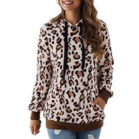 HNTDG Leopard Print Sweatshirt for Women Casual Long Sleeve Pocket Drawstring Pullover Hoodie Tops Coffee