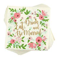 100-Pack Cocktail Napkins - Eat, Drink and Be Married Disposable Paper Party Napkins with Floral Design - Perfect for Bachelorette and Wedding Party Celebrations - 5 x 5 Inches Folded